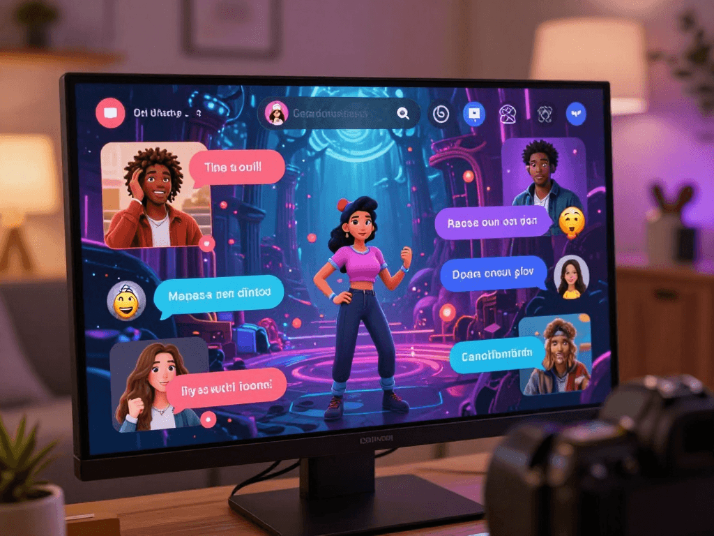 Engaging porn chat ai interaction showing animated avatars and lively exchanges in a vibrant digital chat room.