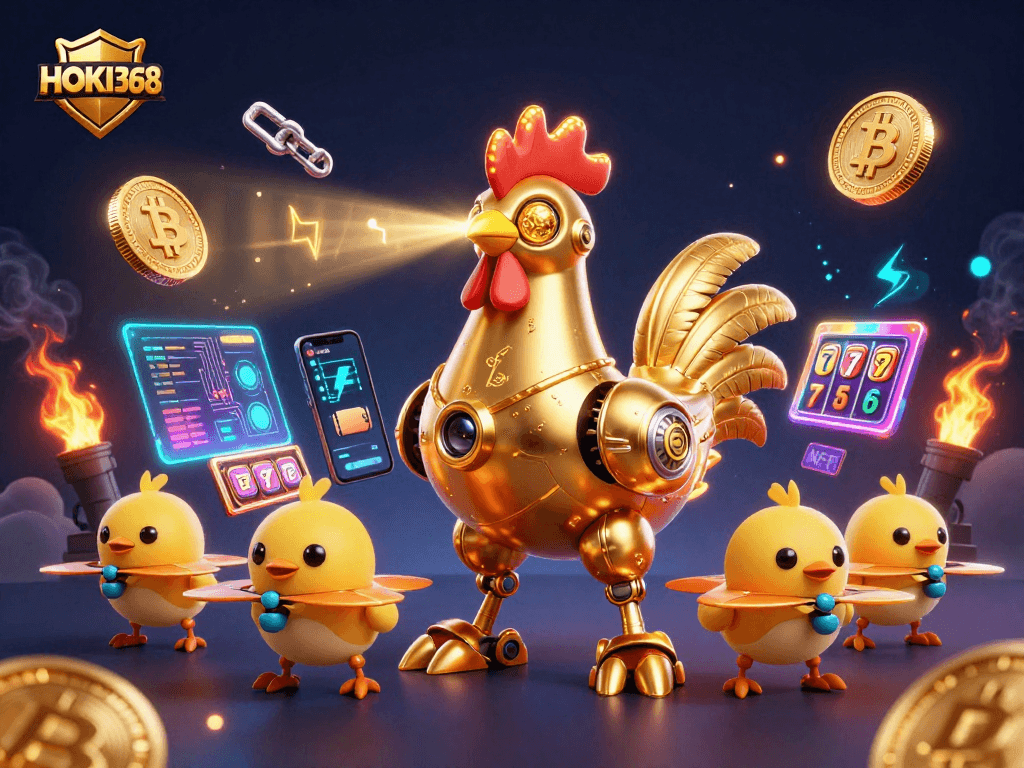 Experience HOKI368 with a dynamic scene of a golden rooster robot and floating casino elements captivating gamers.