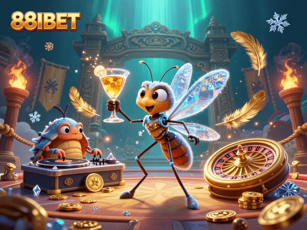 88IBET features a lively casino scene with a frozen mosquito mascot and a trilobite DJ.
