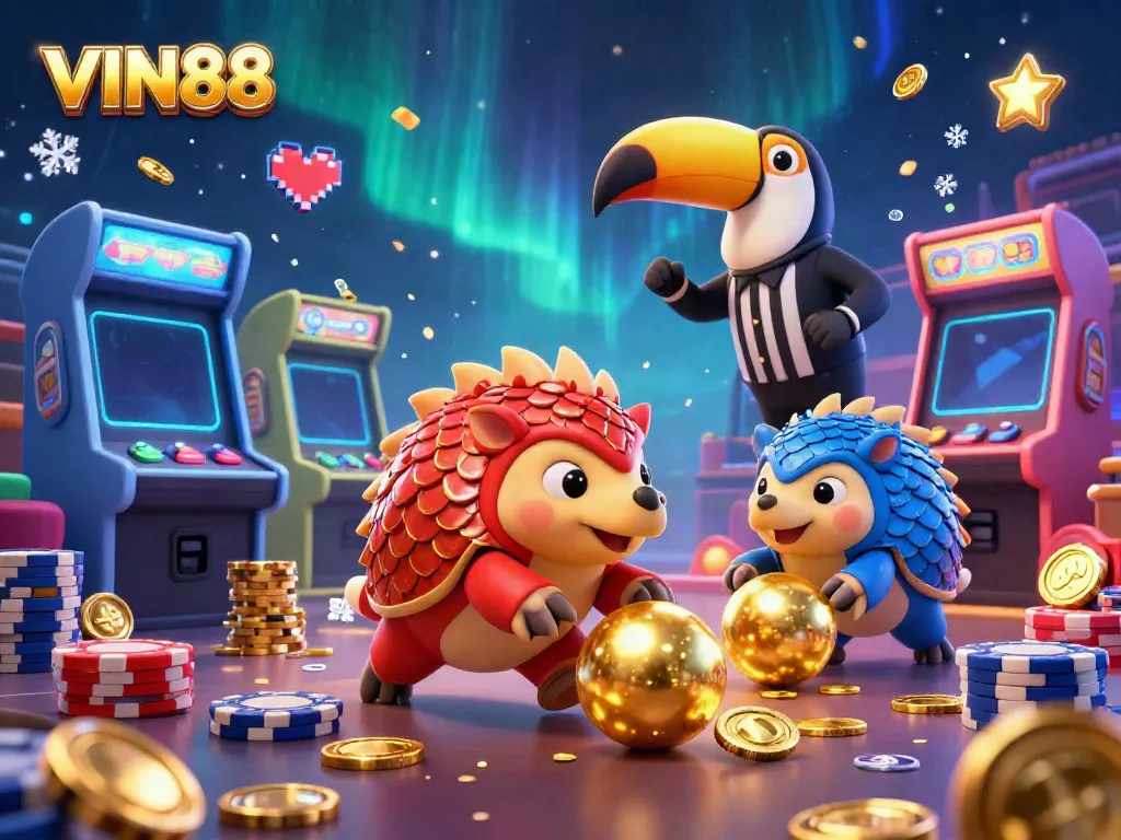 Experience VIN88 excitement with rival pangolins, golden slots, and vibrant casino elements.