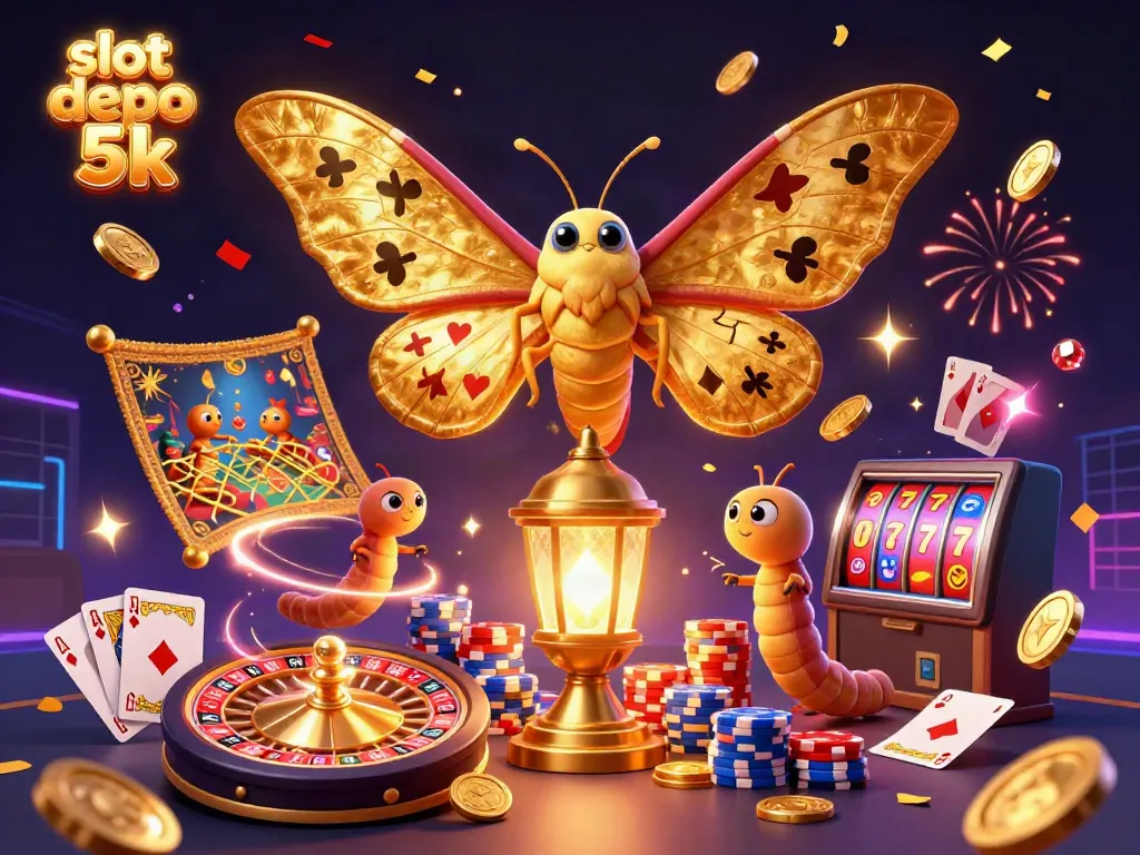 Experience exhilarating fun with slot depo 5k, featuring a vibrant moth and dynamic casino elements.