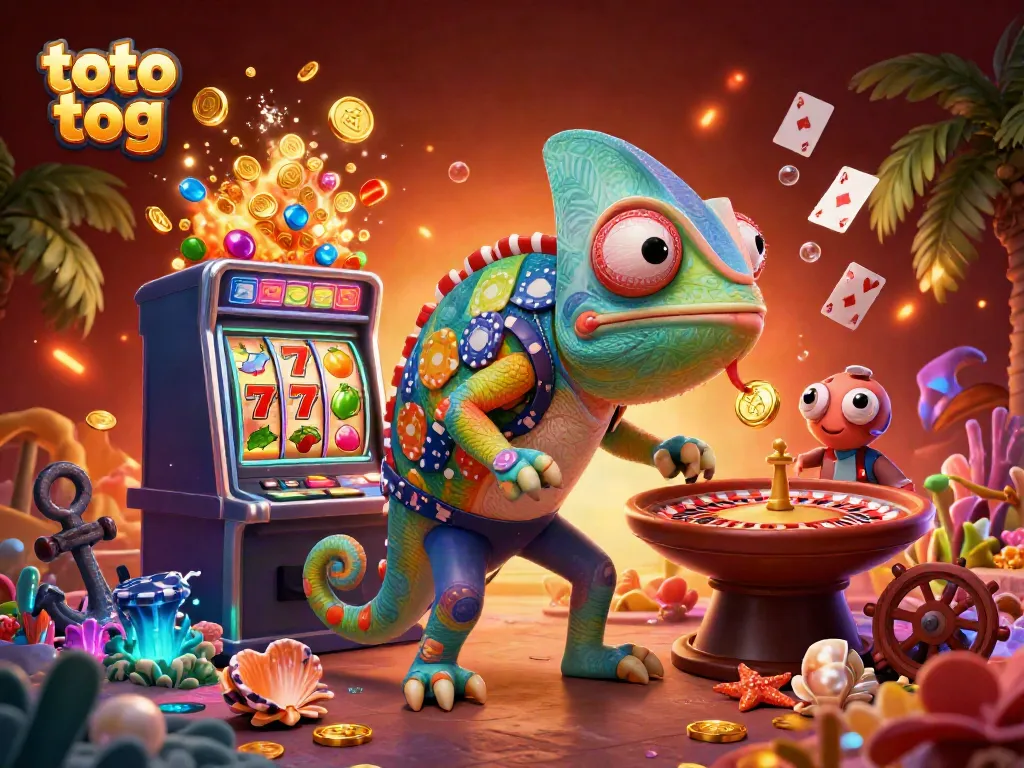 Experience thrilling action at the casino with a vibrant illustration featuring toto tog, colorful slot machines, and a charismatic chameleon owner.