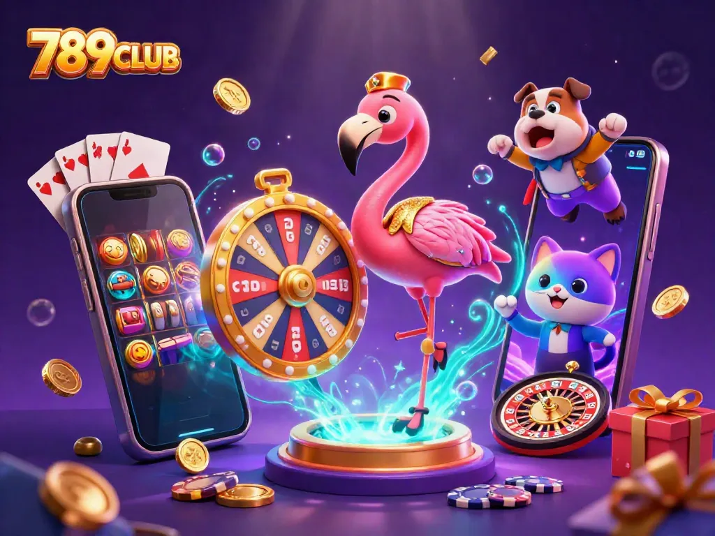 Experience the thrill of online gaming with 789CLUB's vibrant casino scene featuring a lucky bulldog and exciting prizes.