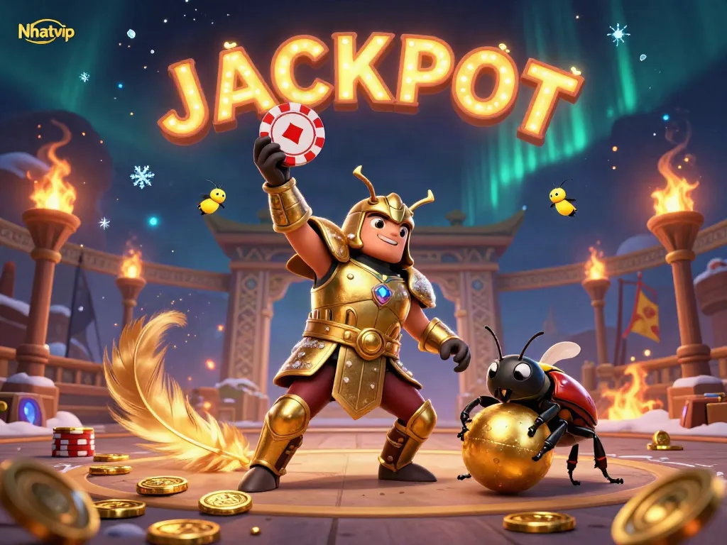 Nhatvip hercules beetle lifts a winning poker chip in victory near golden game elements.