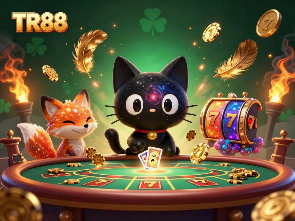 Experience thrilling slots at TR88 with the captivating cosmic visuals of a black hole cat and nebula fox.