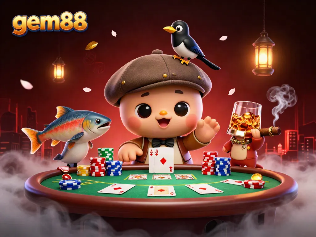 Experience thrilling gameplay at gem88 with a vibrant casino-themed scene featuring playful characters.