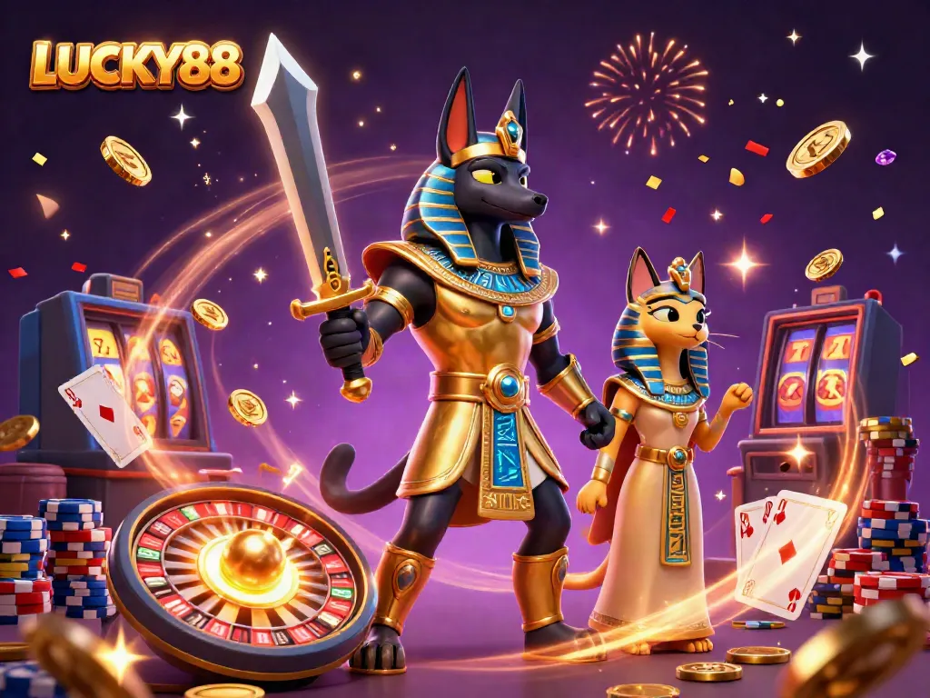 Engage in gaming excitement with LUCKY88 as Anubis and Bastet celebrate with dazzling casino elements.