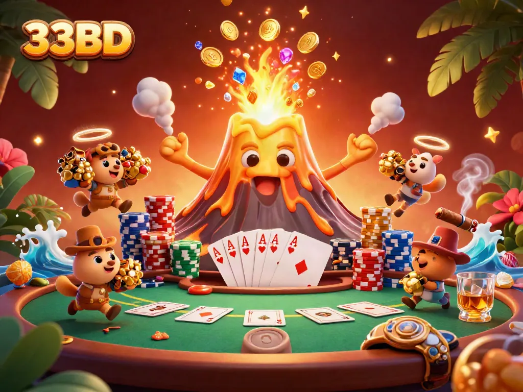 Experience the thrill of 33BD's gaming world with a vibrant 3D scene featuring a golden volcano and poker elements.