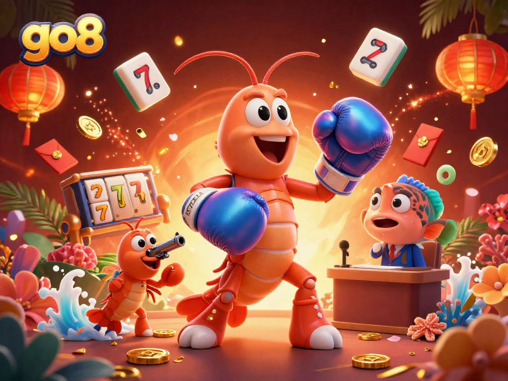 Experience dynamic gaming action with go8 in this vibrant, detailed 3D casino illustration featuring lucky symbols and characters.