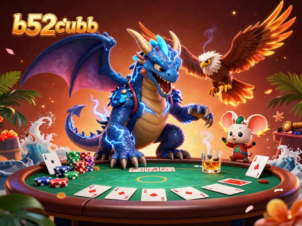 Engage with iconic b52clubb game elements featuring a vibrant thunder dragon and poker table in a lively casino scene.