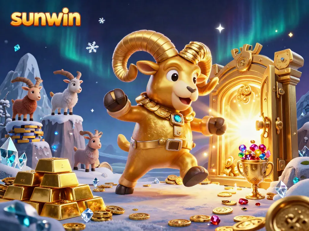 Engage in thrilling gambling action at sunwin casino with a majestic golden ram and treasure-filled adventure.