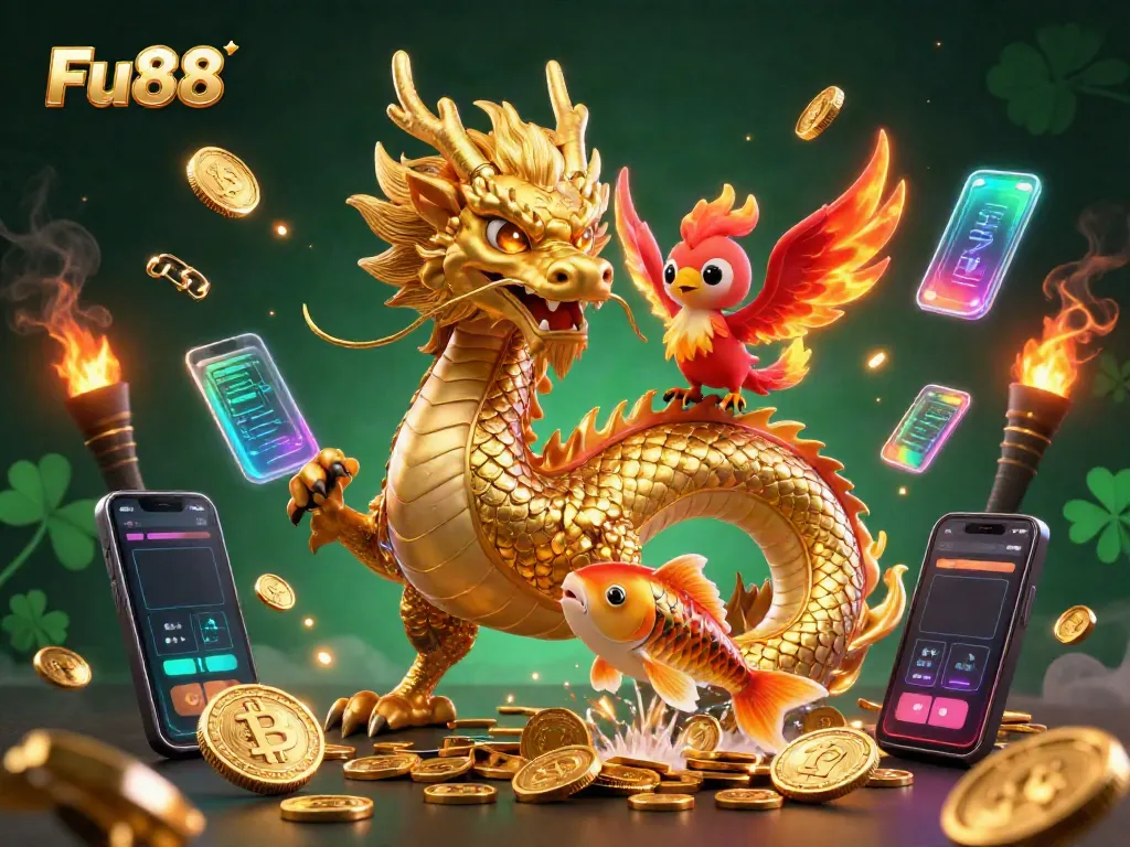 Engage with Fu88 as the golden dragon and phoenix soar amidst vibrant casino elements and coins.