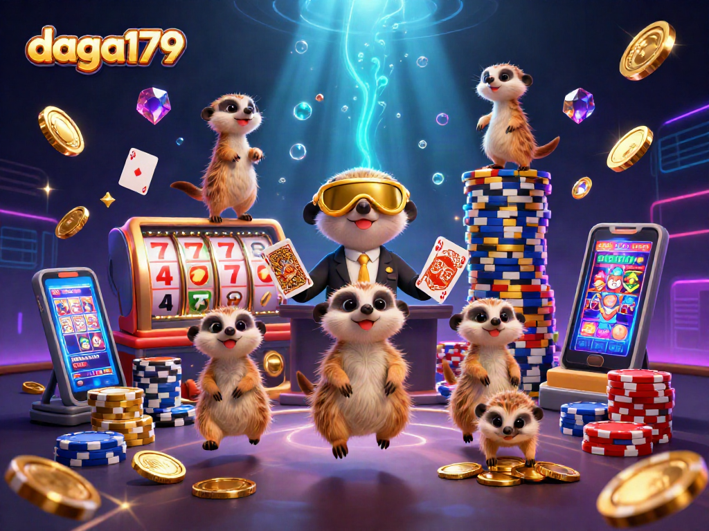 Play slots at daga179 with a busy meerkat casino scene featuring winning reels and colorful chips.