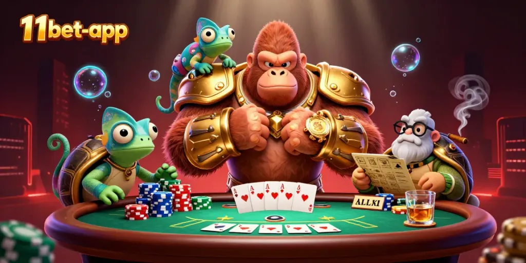 Engage with thrilling games at 11bet-app, featuring a dynamic poker showdown with colorful chips and characters.