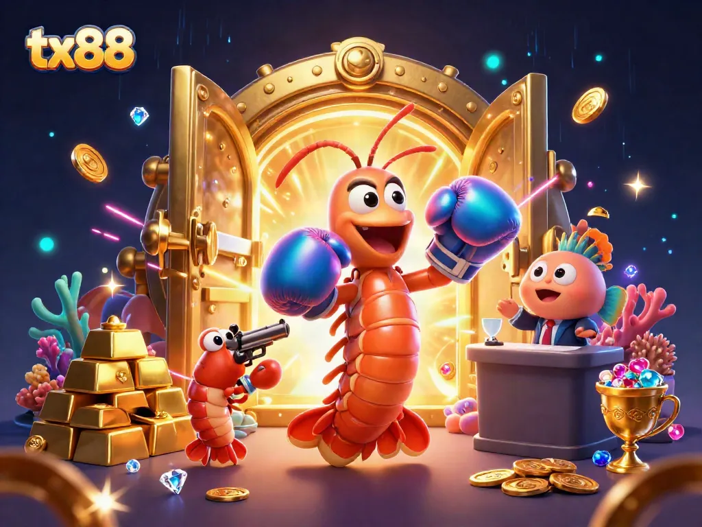Experience the thrill of gaming with tx88, featuring vibrant 3D characters amidst golden treasures.