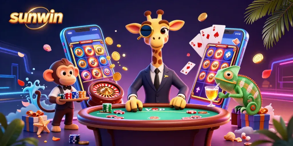 Engage with sunwin in a vibrant casino scene featuring a high-roller giraffe and colorful slot game.