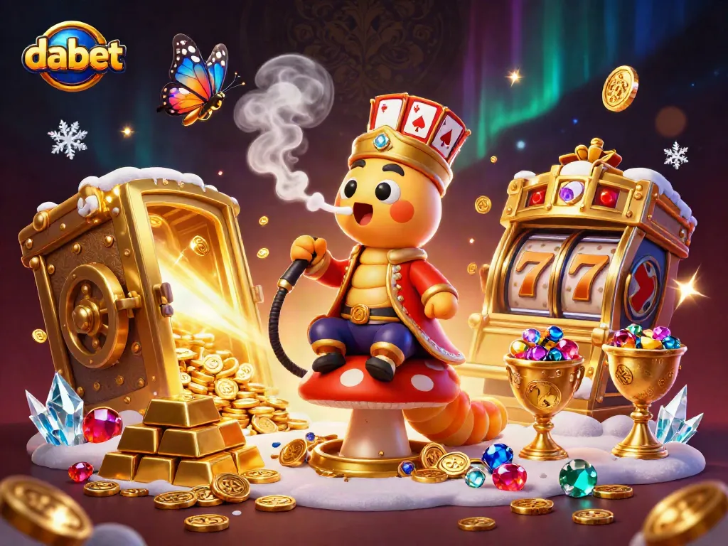Dabet offers vibrant gaming experiences with a 3D cartoon illustration of a caterpillar master, slot machines, and sparkling treasures.