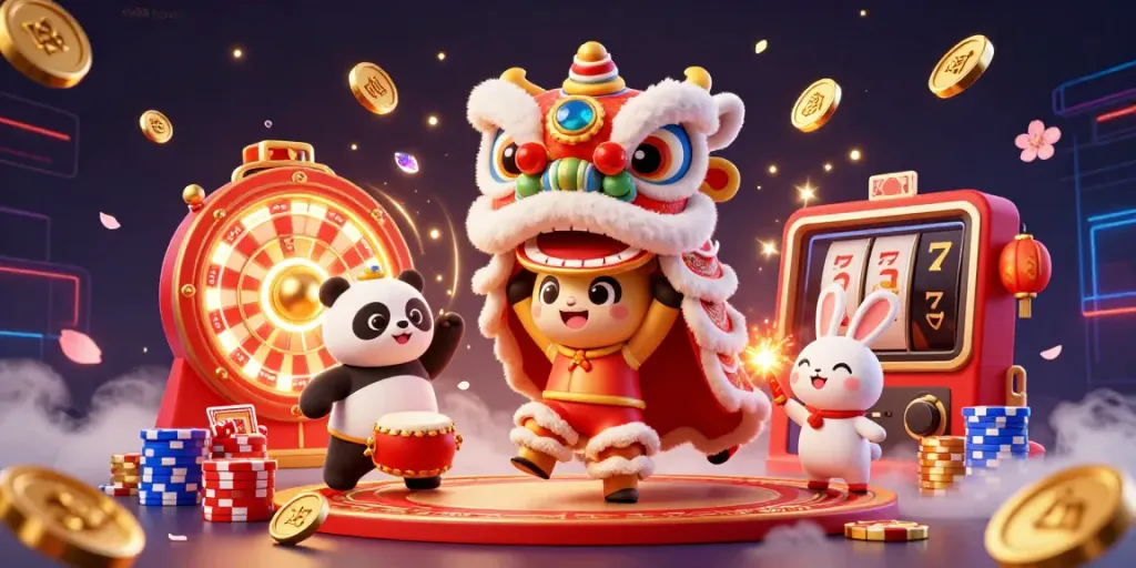 Engage in spirited lion dance festivities with characters celebrating at ea88 com's vibrant casino, alongside drumming and luck.