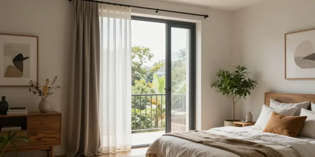 Pintu upvc kamar tidur enhancing a contemporary bedroom with natural light and inviting decor.