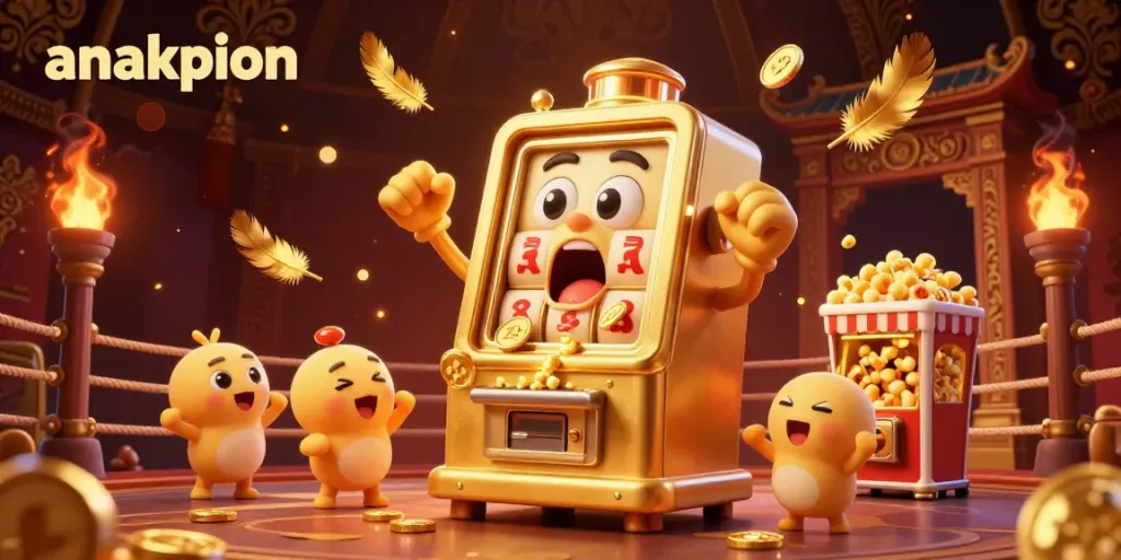 An exciting moment at anakpion where a joyful golden slot machine hits the jackpot with cheers from smaller machines.