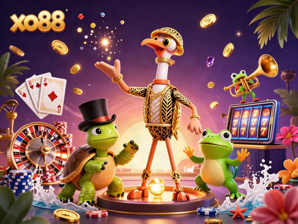 Experience thrilling gaming at xo88 with 3D characters amidst golden coins and live casino elements.