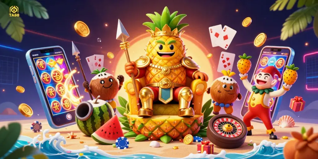 Win big at TA88 with the golden pineapple king in this dynamic casino scene filled with colorful games and excitement.
