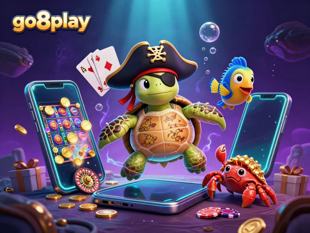 Experience exciting adventures at go8play, featuring a pirate turtle, treasure, and casino games.