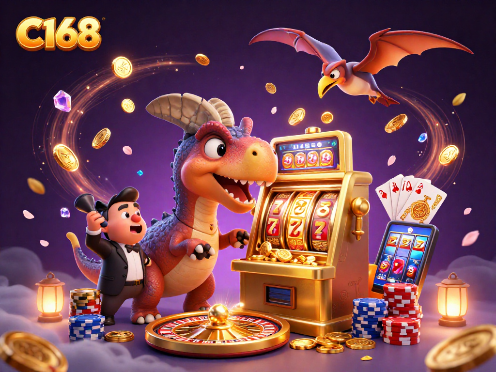 C168 casino excitement with a pachycephalosaurus at a slot machine amid swirling coins and vibrant casino elements.