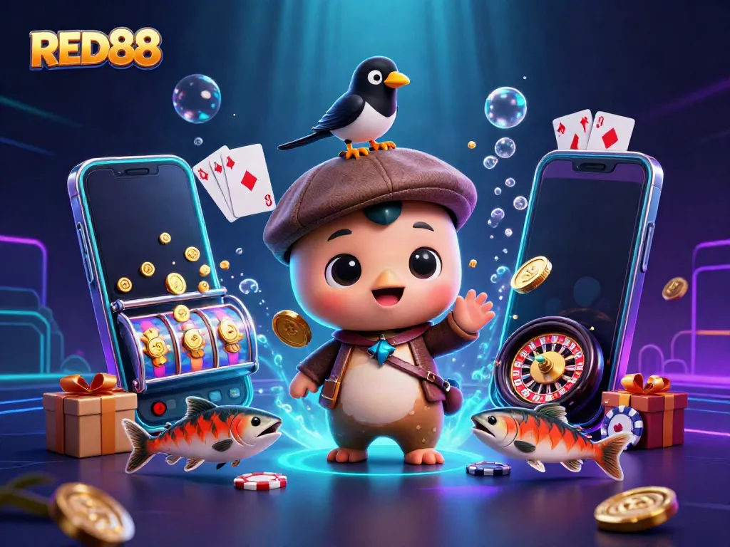 Experience exciting gaming with RED88 featuring playful cartoon characters and vibrant casino elements