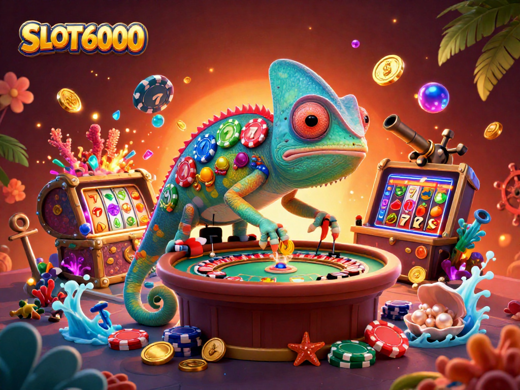 Engage with SLOT6000: A vibrant casino scene featuring a dynamic chameleon owner and exciting gaming elements.