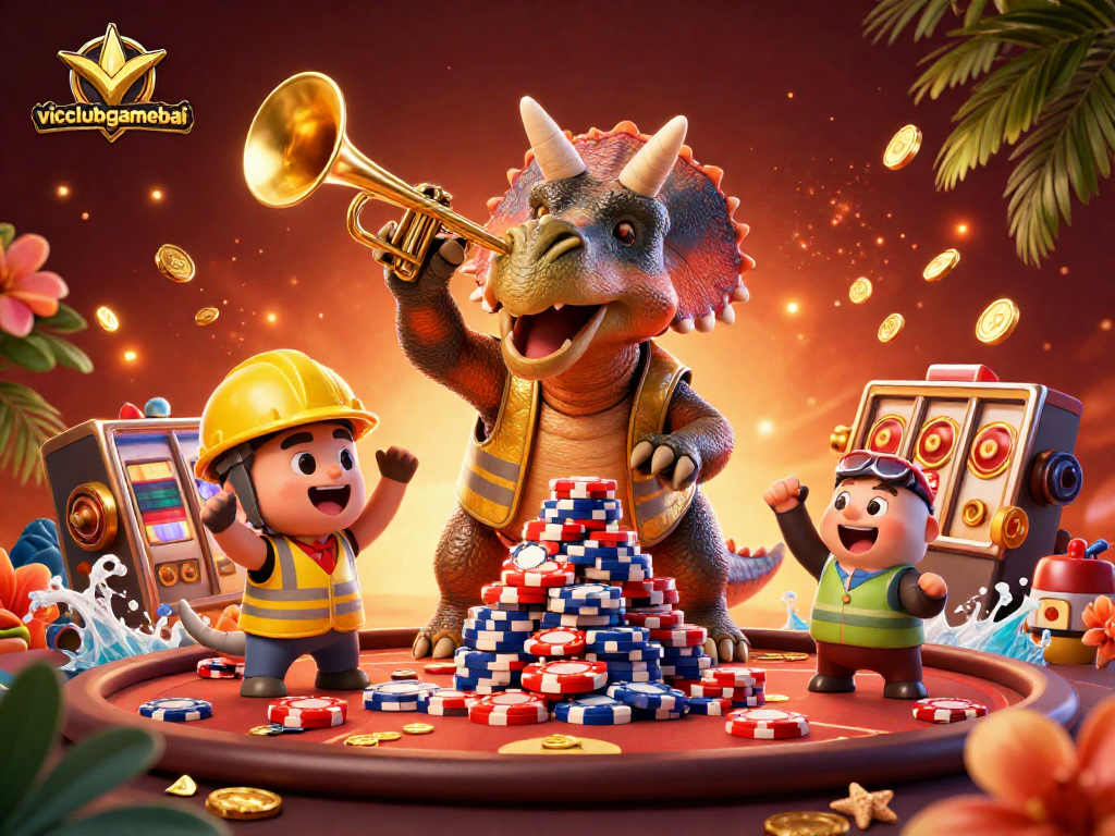 Experience excitement at vicclubgamebai with a 3D cartoon triceratops and casino elements celebrating winning moments.