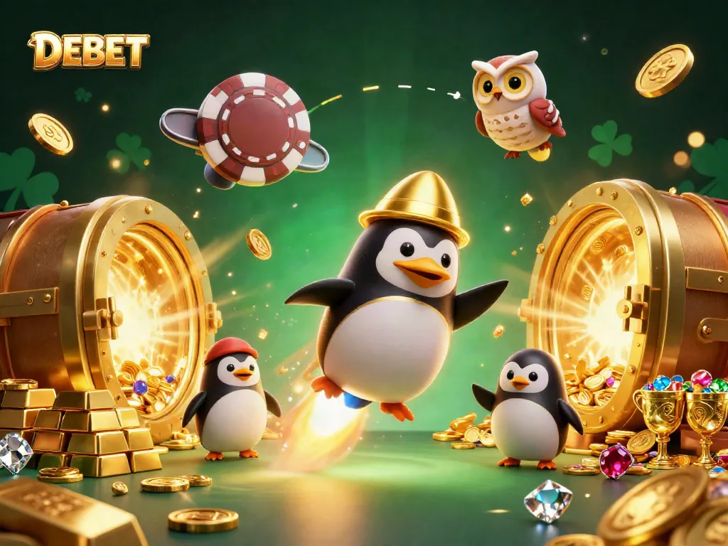 Engage at DEBET with a mesmerizing rocket-powered penguin bursting through coins, surrounded by rich casino elements.
