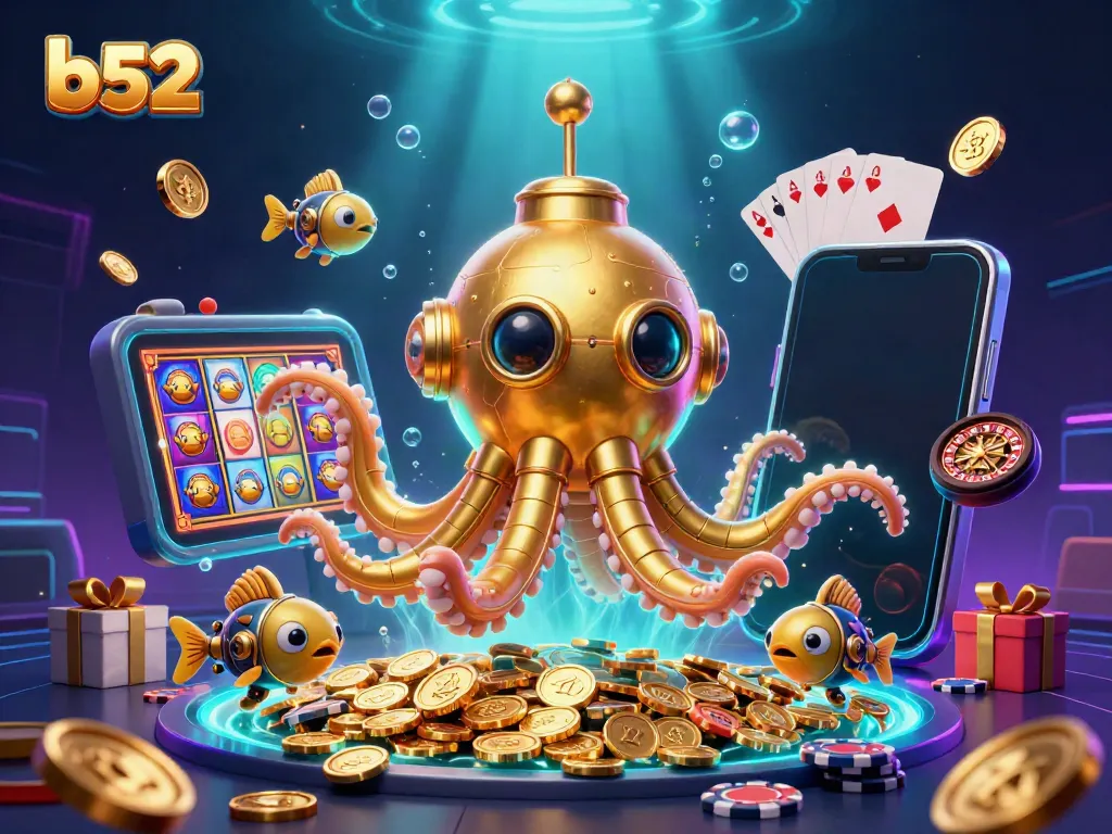 Engage with b52 slot games in a captivating underwater scene with golden kraken and treasures.
