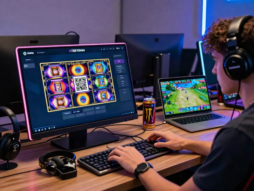 Engaging user playing slot qris on smartphone with vibrant graphics in modern gaming setup.