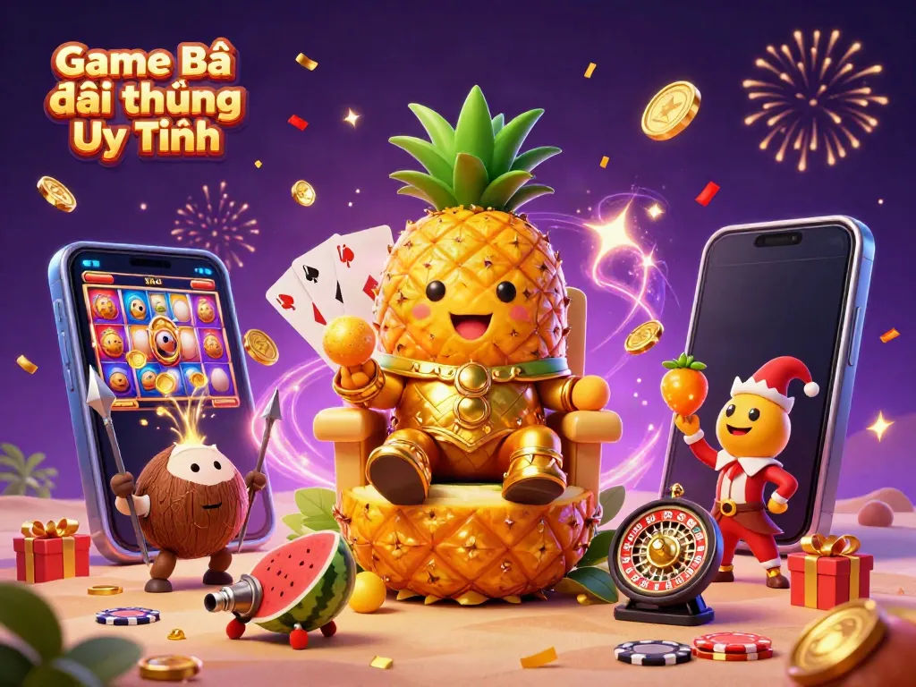 Experience the excitement of Game Bài Đổi Thưởng Uy Tín with a vibrant 3D casino scene featuring a golden pineapple king.
