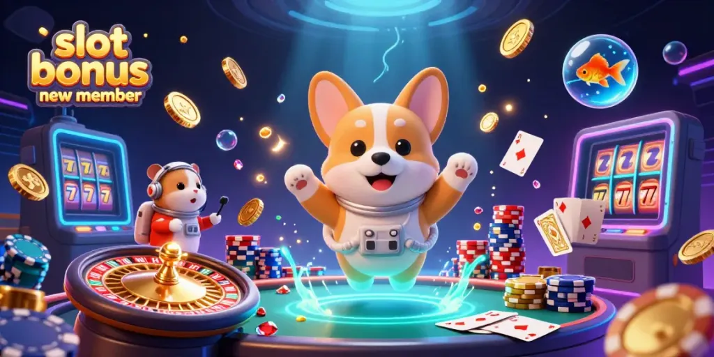 Experience exciting gameplay with slot bonus new member in this vibrant 3D casino scene.