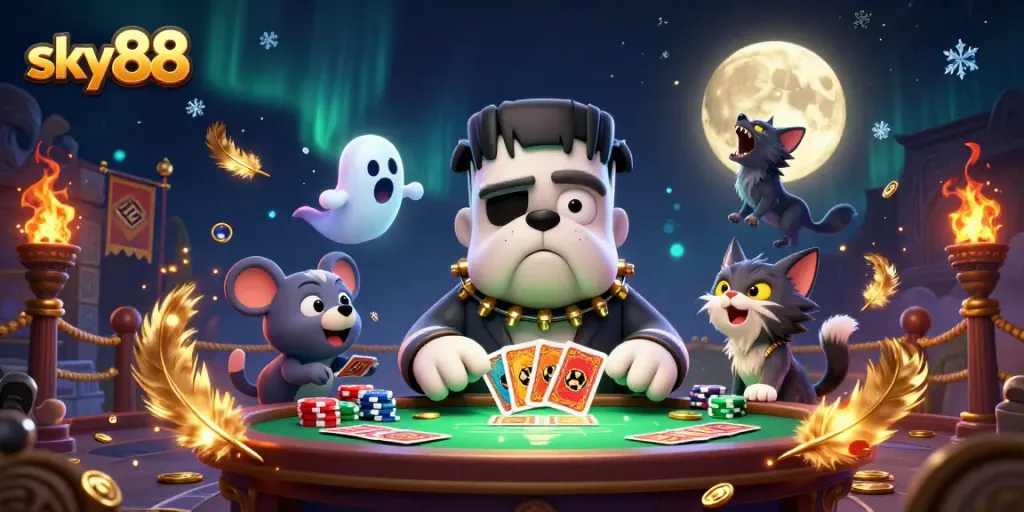 Join the thrilling action at sky88 with unique characters dealing cards and celebrating wins in a vibrant casino setting.