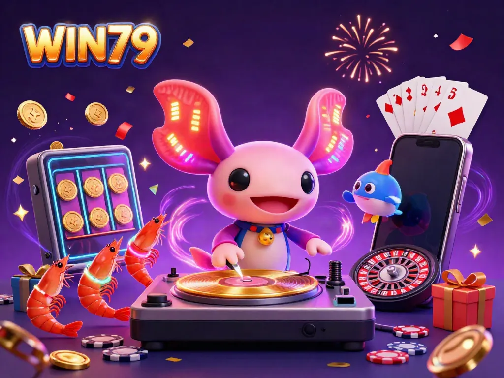 Experience the excitement of WIN79 with a neon-themed underwater party featuring a DJ axolotl and dancing sea creatures.
