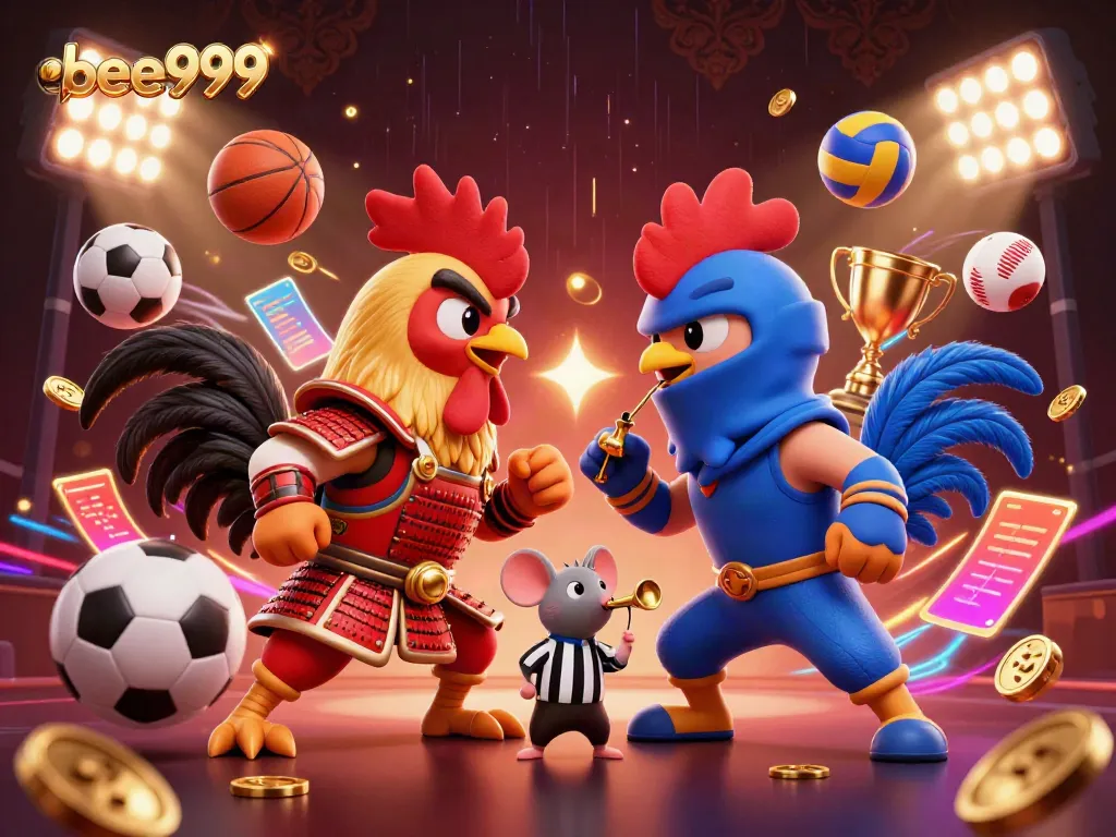 Experience the thrilling standoff of twin roosters in samurai and ninja gear on the bee999 gambling platform.