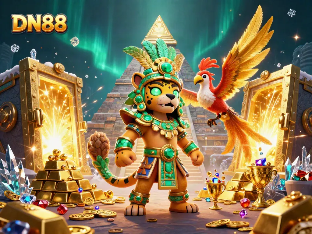 Experience the luck and charm of DN88 with vibrant casino-themed Mayan characters amid treasure and gems.