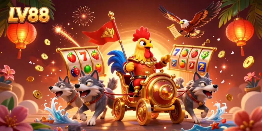 Experience the excitement of LV88 with a vibrant illustration of a rooster warlord in a golden chariot, embodying the thrill of online betting.