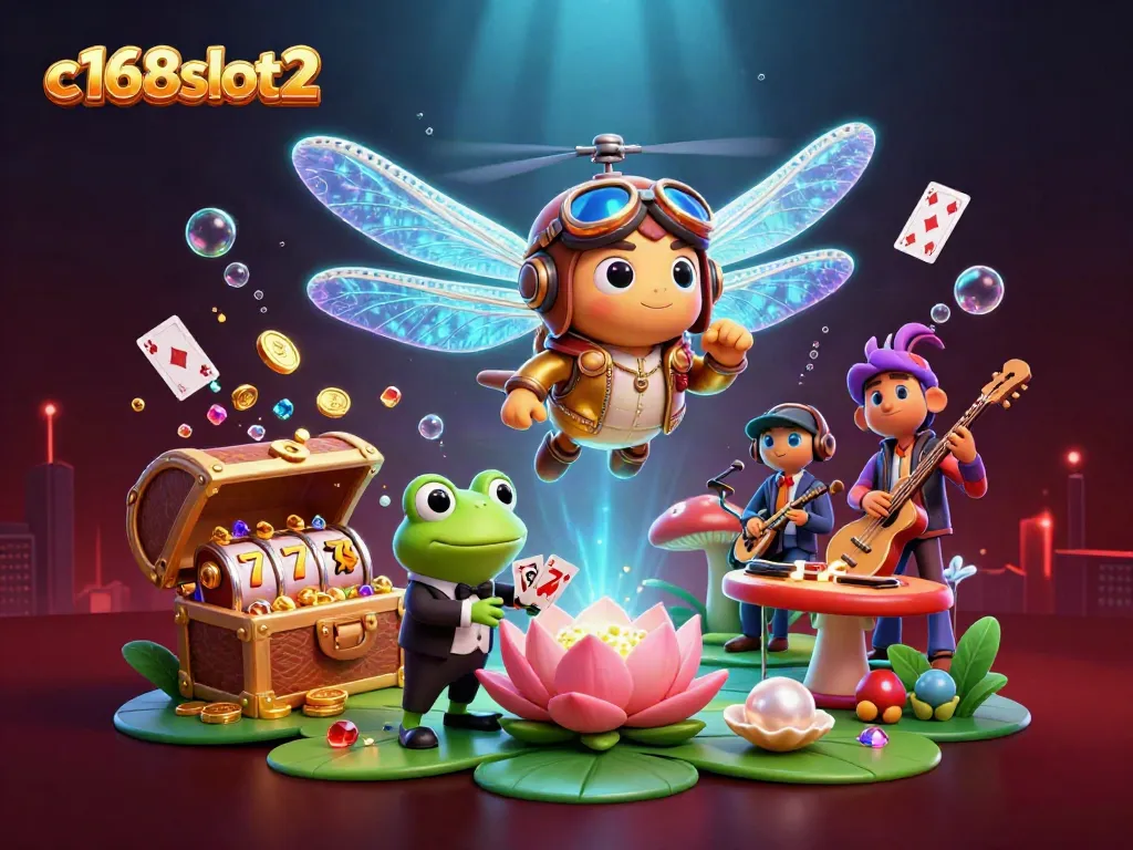 Experience thrilling gameplay with c168slot2, featuring a lively dragonfly pilot in a casino scene bursting with excitement.