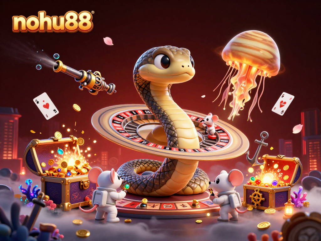 Engage in thrilling gameplay with nohu88 as cartoon mice bet around a vibrant roulette wheel, showcasing casino excitement.