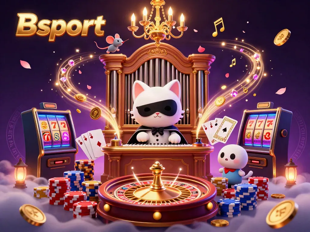 Engage with Bsport's vibrant casino experience, featuring dynamic gaming elements like roulette wheels and sparkling treasures.