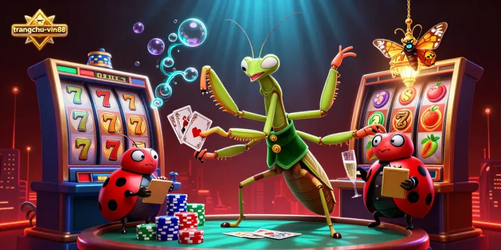 Experience dynamic casino action at trangchu-vin88 with a giant praying mantis dealer and winning jackpots.