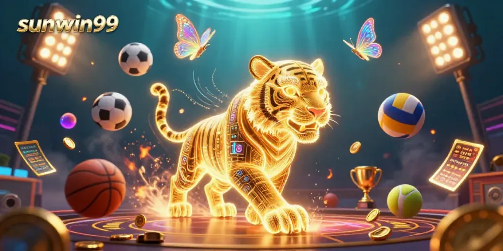 Engage with sunwin99's vibrant gaming world featuring a neon tiger and dynamic sports elements.