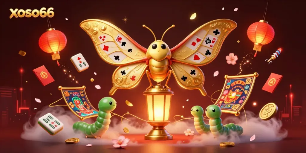 Experience xoso66 with a vibrant 3D casino illustration featuring golden moths among casino games.