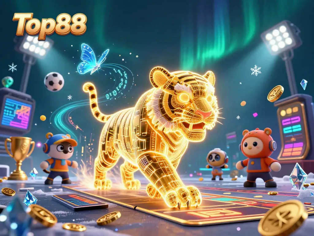 Experience thrilling games at Top88 with a neon golden tiger in a dynamic casino landscape.