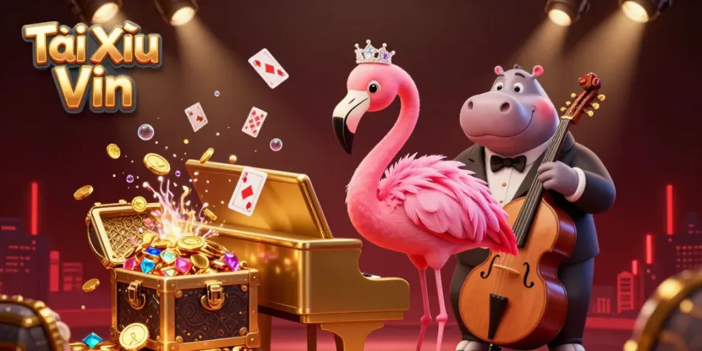 Engage in Tài Xỉu Vin with a vibrant casino scene featuring a singing flamingo and musical hippo.