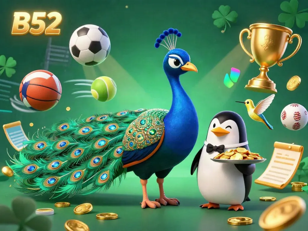 Experience the thrilling world of B52 with vibrant gold chips and dynamic sports elements in a rich 3D illustration.